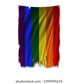 Torn by the wind flag ofLGBT. Ragged. The wavy fabric on white background. Realistic vector illustration.