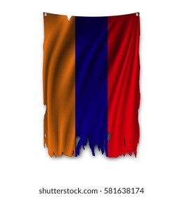 Torn by the wind national flag of Armenia. Ragged. The wavy fabric on white background. Realistic vector illustration.