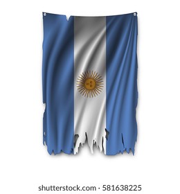 Torn by the wind national flag of Argentina. Ragged. The wavy fabric on white background. Realistic vector illustration.