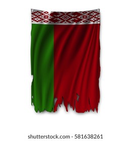 Torn by the wind national flag of Belarus. Ragged. The wavy fabric on white background. Realistic vector illustration.