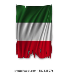 Torn by the wind national flag of Italy. Ragged. The wavy fabric on white background. Realistic vector illustration.