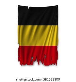 Torn by the wind national flag of Belgium. Ragged. The wavy fabric on white background. Realistic vector illustration.