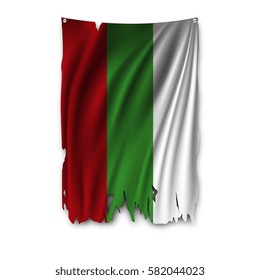 Torn by the wind national flag of Bulgaria. Ragged. The wavy fabric on white background. Realistic vector illustration.