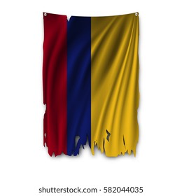 Torn by the wind national flag of Colombia. Ragged. The wavy fabric on white background. Realistic vector illustration.