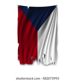 Torn by the wind national flag of Czech republic. Ragged. The wavy fabric on white background. Realistic vector illustration.