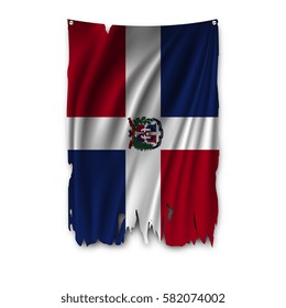 Torn by the wind national flag of Dominican republic. Ragged. The wavy fabric on white background. Realistic vector illustration.