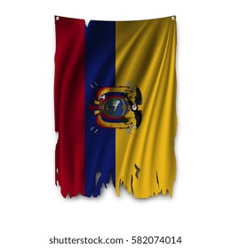 Torn by the wind national flag of Ecuador. Ragged. The wavy fabric on white background. Realistic vector illustration.