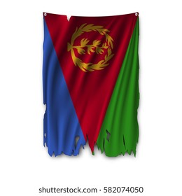 Torn by the wind national flag of Eritrea. Ragged. The wavy fabric on white background. Realistic vector illustration.