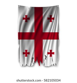 Torn by the wind national flag of Georgia. Ragged. The wavy fabric on white background. Realistic vector illustration.