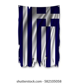Torn by the wind national flag of Greece. Ragged. The wavy fabric on white background. Realistic vector illustration.
