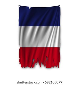 Torn By The Wind National Flag Of France. Ragged. The Wavy Fabric On White Background. Realistic Vector Illustration.