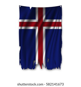 Torn by the wind national flag of Iceland. Ragged. The wavy fabric on white background. Realistic vector illustration.