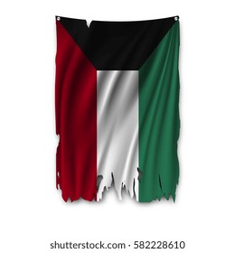 Torn by the wind national flag of Kuwait. Ragged. The wavy fabric on white background. Realistic vector illustration.