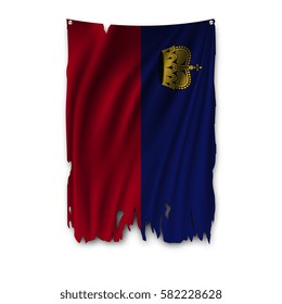 Torn by the wind national flag of Liechtenstein. Ragged. The wavy fabric on white background. Realistic vector illustration.