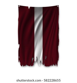 Torn by the wind national flag of Latvia. Ragged. The wavy fabric on white background. Realistic vector illustration.