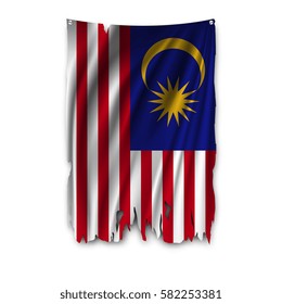 Torn by the wind national flag of Malaysia. Ragged. The wavy fabric on white background. Realistic vector illustration.