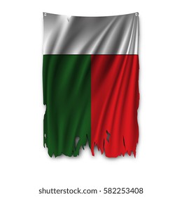 Torn by the wind national flag of Madagascar. Ragged. The wavy fabric on white background. Realistic vector illustration.