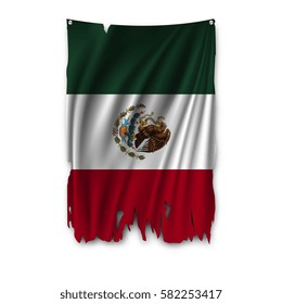 Torn by the wind national flag of Mexico. Ragged. The wavy fabric on white background. Realistic vector illustration.