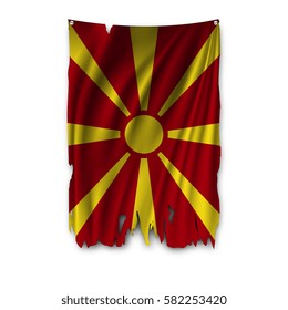 Torn by the wind national flag of Macedonia. Ragged. The wavy fabric on white background. Realistic vector illustration.