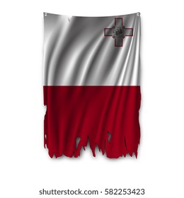 Torn by the wind national flag of Malta. Ragged. The wavy fabric on white background. Realistic vector illustration.