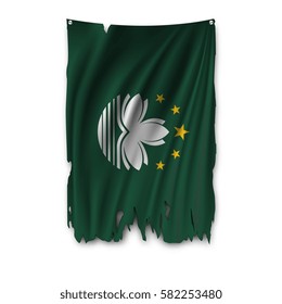 Torn by the wind national flag of Macau. Ragged. The wavy fabric on white background. Realistic vector illustration.