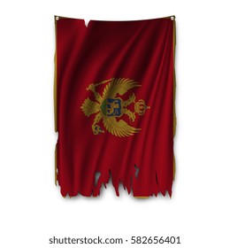 Torn by the wind national flag of Montenegro. Ragged. The wavy fabric on white background. Realistic vector illustration.