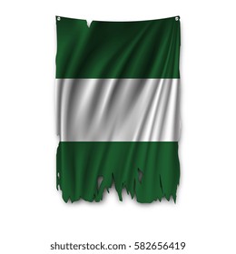 Torn by the wind national flag of Nigeria. Ragged. The wavy fabric on white background. Realistic vector illustration.