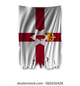 Torn by the wind national flag of Northern Ireland. Ragged. The wavy fabric on white background. Realistic vector illustration.