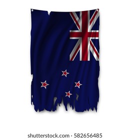 Torn by the wind national flag of New Zealand. Ragged. The wavy fabric on white background. Realistic vector illustration.
