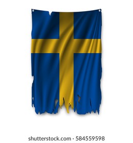 Torn by the wind national flag of Sweden. Ragged. The wavy fabric on white background. Realistic vector illustration.