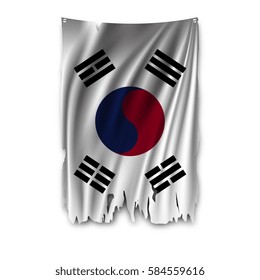 Torn by the wind national flag of South Korea. Ragged. The wavy fabric on white background. Realistic vector illustration.