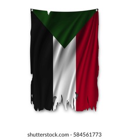 Torn by the wind national flag of Sudan. Ragged. The wavy fabric on white background. Realistic vector illustration.