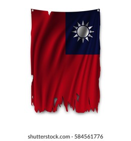 Torn by the wind national flag of Taiwan. Ragged. The wavy fabric on white background. Realistic vector illustration.