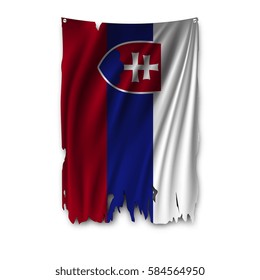 Torn by the wind national flag of Slovakia. Ragged. The wavy fabric on white background. Realistic vector illustration.