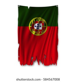 Torn by the wind national flag of Portugal. Ragged. The wavy fabric on white background. Realistic vector illustration.