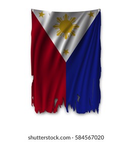 Torn by the wind national flag of Philippines. Ragged. The wavy fabric on white background. Realistic vector illustration.