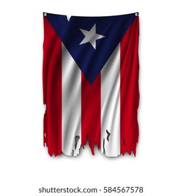 Torn by the wind national flag of Puerto rico. Ragged. The wavy fabric on white background. Realistic vector illustration.