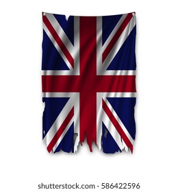 Torn by the wind national flag of Great Britain. Ragged. The wavy fabric on white background. Realistic vector illustration.
