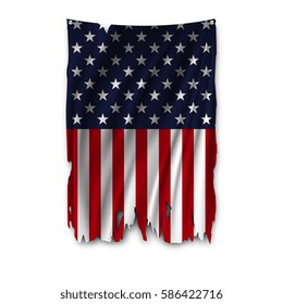 Torn by the wind national flag of USA. Ragged. The wavy fabric on white background. Realistic vector illustration.