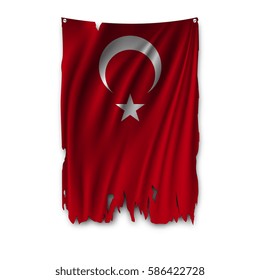 Torn by the wind national flag of Turkey. Ragged. The wavy fabric on white background. Realistic vector illustration.
