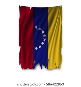Torn by the wind national flag of Venezuela. Ragged. The wavy fabric on white background. Realistic vector illustration.