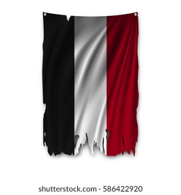 Torn by the wind national flag of Yemen. Ragged. The wavy fabric on white background. Realistic vector illustration.