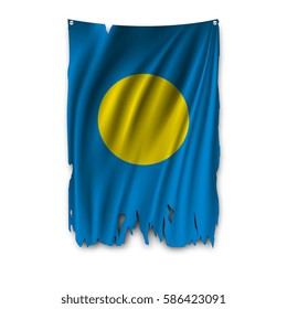 Torn By The Wind National Flag Of Palau. Ragged. The Wavy Fabric On White Background. Realistic Vector Illustration.