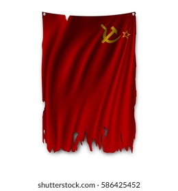 Torn by the wind national flag of USSR. Ragged. The wavy fabric on white background. Realistic vector illustration.