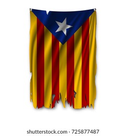 Torn by the wind Nationalistic flag of Catalonia. Region of Spain. Ragged. The wavy fabric on white background. Realistic vector illustration.