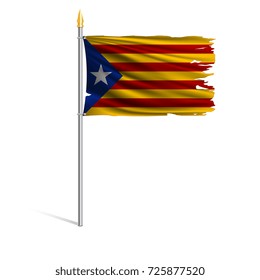 Torn by the wind Nationalistic flag of Catalonia. Region of Spain. Ragged. The wavy fabric on white background. Realistic vector illustration.