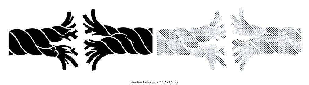 Torn cable snapping apart in black and halftone, failing connection and stress metaphor