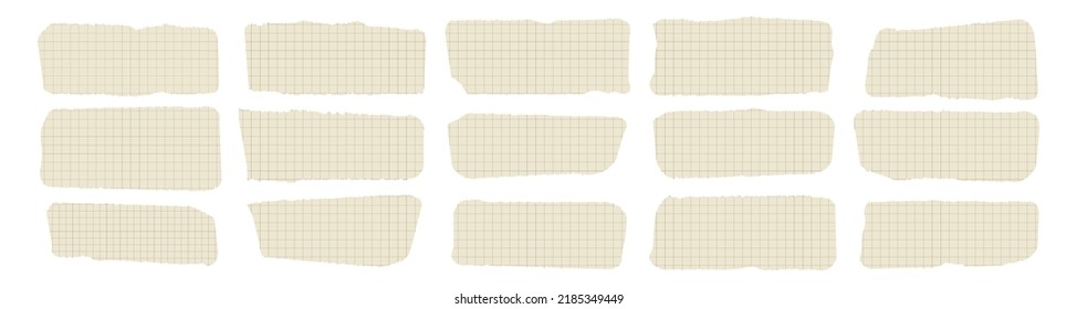 Torn cage paper rectangle rip shape vector illustration. Cutout collage piece, shred strip, cut sheets with square grid. Blank horizontal note. Calligraphy border, isolated grunge header background