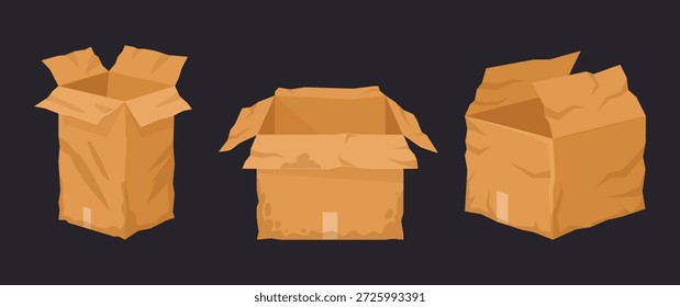 Cajas de cartón rotas. Cajas de entrega dañadas, contenedores de envío de cartón rotos y húmedos conjunto de Ilustración vectorial plana. Cajas arrugadas sobre fondo blanco
