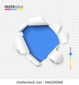 Torn Cardboard Hole With Ripped Edge And Curly Paper Pieces. Bright Blue Color Hole In Tear Off Paper On Abstract Transparent Background. Vector Illustration